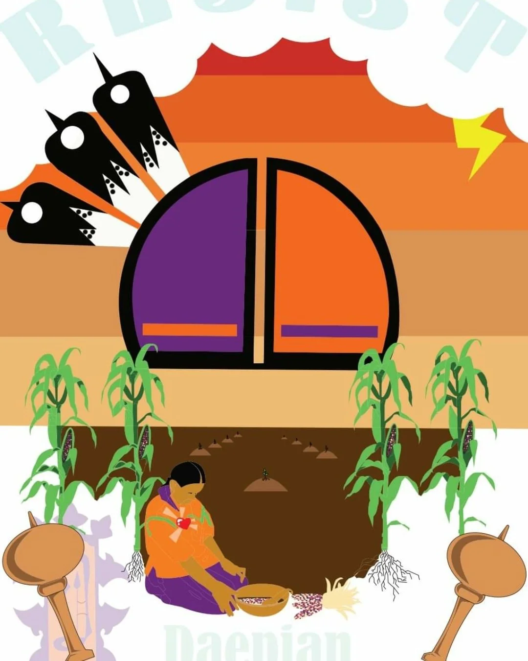  "Resist" Graphic Design. Adobe Illustrator.  Woman shucking corn. Gourd rattles. Corn growing. All rights reserved.