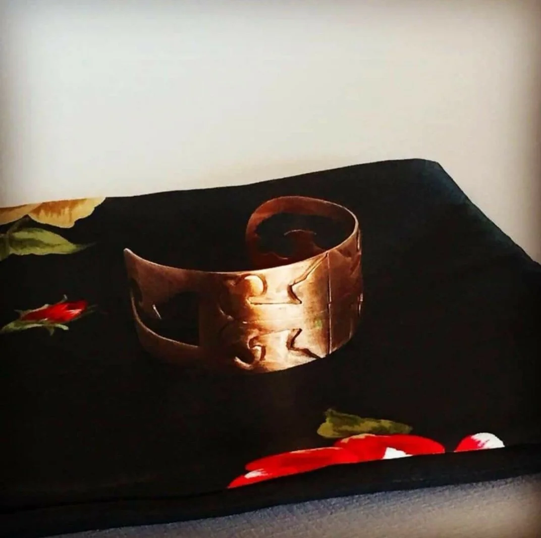 Copper bracelet with Meskwaki Appliqué design. All rights reserved.