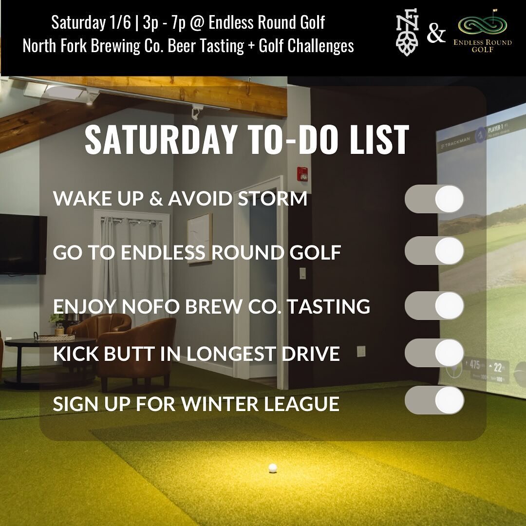 Winter Storm Ember is headed our way&hellip;come enjoy the indoors with us. Saturday 3p-7p @northforkbrewingco will be pouring tasty brews at our studio, there will be golf games and challenges, and it&rsquo;s the last day of Winter League registrati