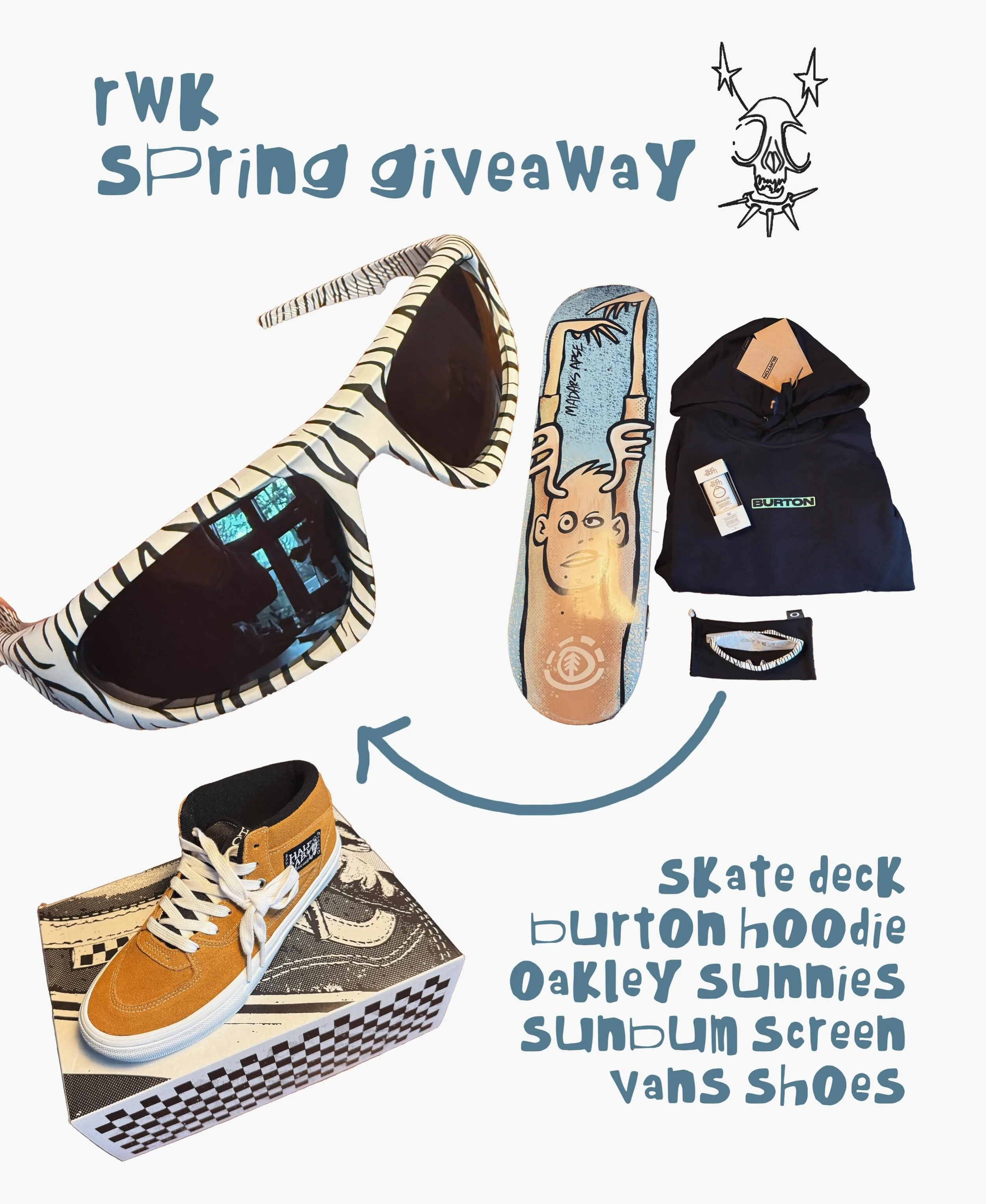 THAT TIME OF YEAR AGAIN
!! GIVEAWAY ALERT !!
The prize includes: Elements Skate deck + Oakley sunnies + Burton hoodie + Vans halfcabs +sunbum screen
To Enter &hellip;
- must follow @realwildkittenz
- like this post
- tag a friend or more:)
&bull; BON