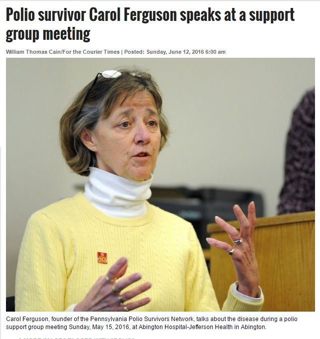  Polio Survivor Carol Ferguson Speaks at Support Group Meeting at Abington Hospital-Jefferson Health - Source: Intell.com, 2016 