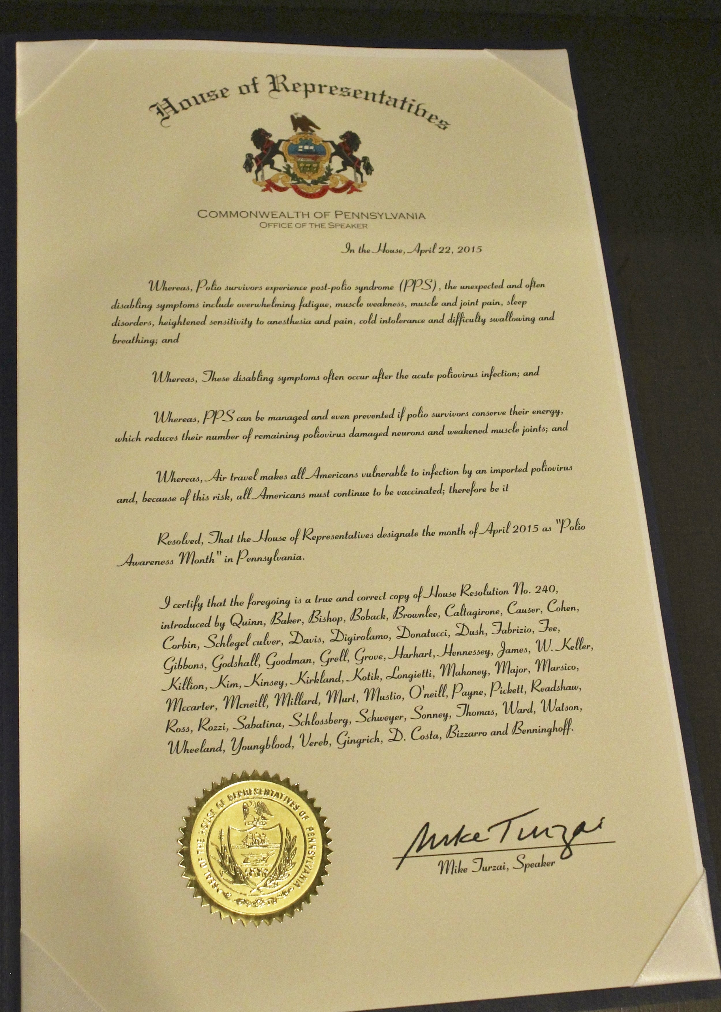 Proclamation – Pennsylvania (Home of the Salk Vaccine) officially honors April as Polio Awareness Month - 10/11/2015 