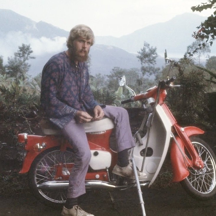 Tom with his Honda50 on top of Mt. Kintamani, Bali, Indonesia 1970