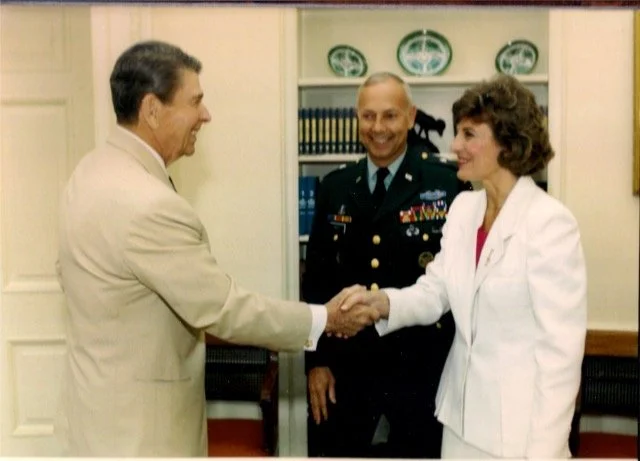 President Reagan wishing Linda and me a safe trip to Fort Ord, California. "You are beating me out there," he said with five months remaining in his presidency, 1988. (Courtesy of the White House)