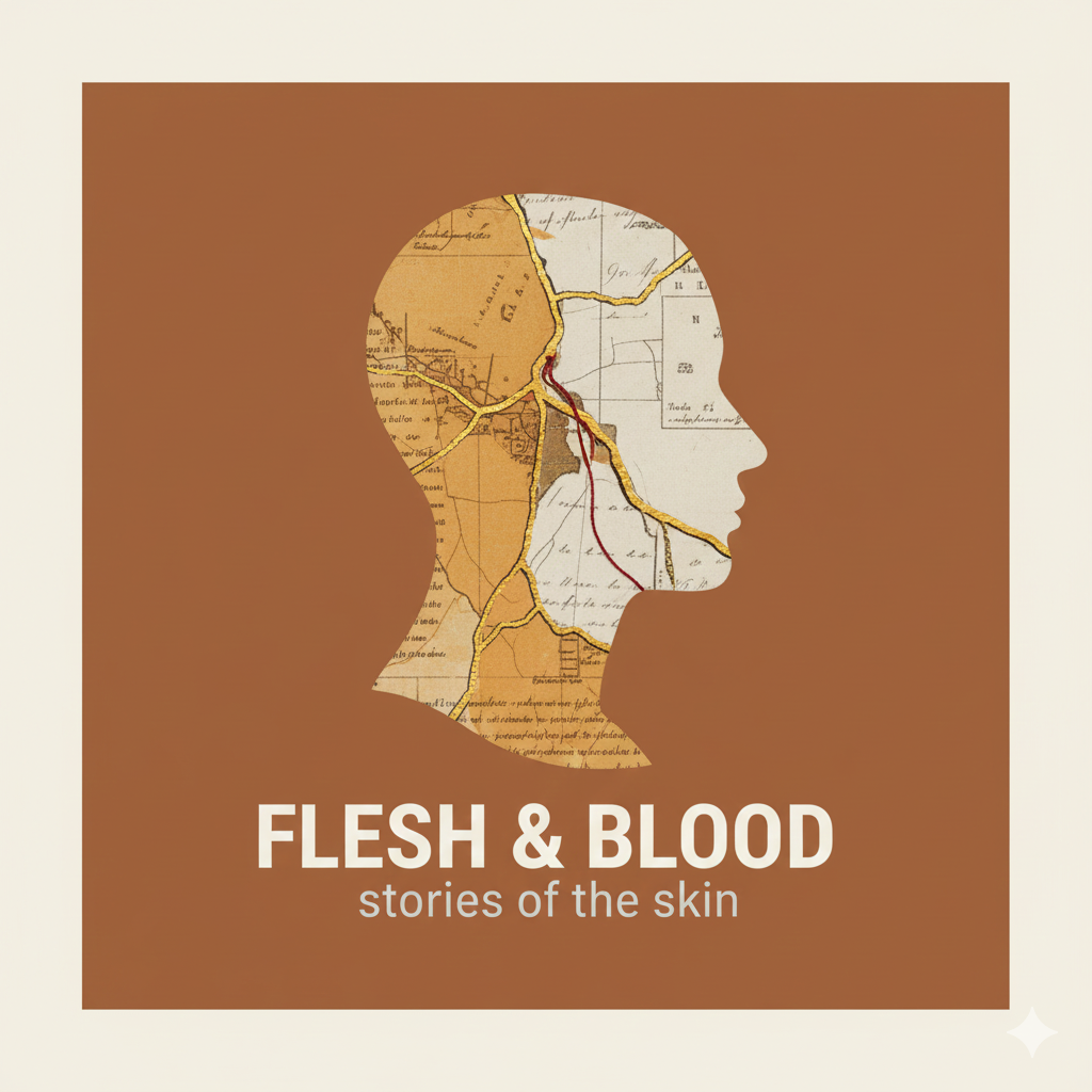 Book cover titled "Flesh & Blood: Stories of the Skin" with a silhouette of a person's profile filled with a map and text background