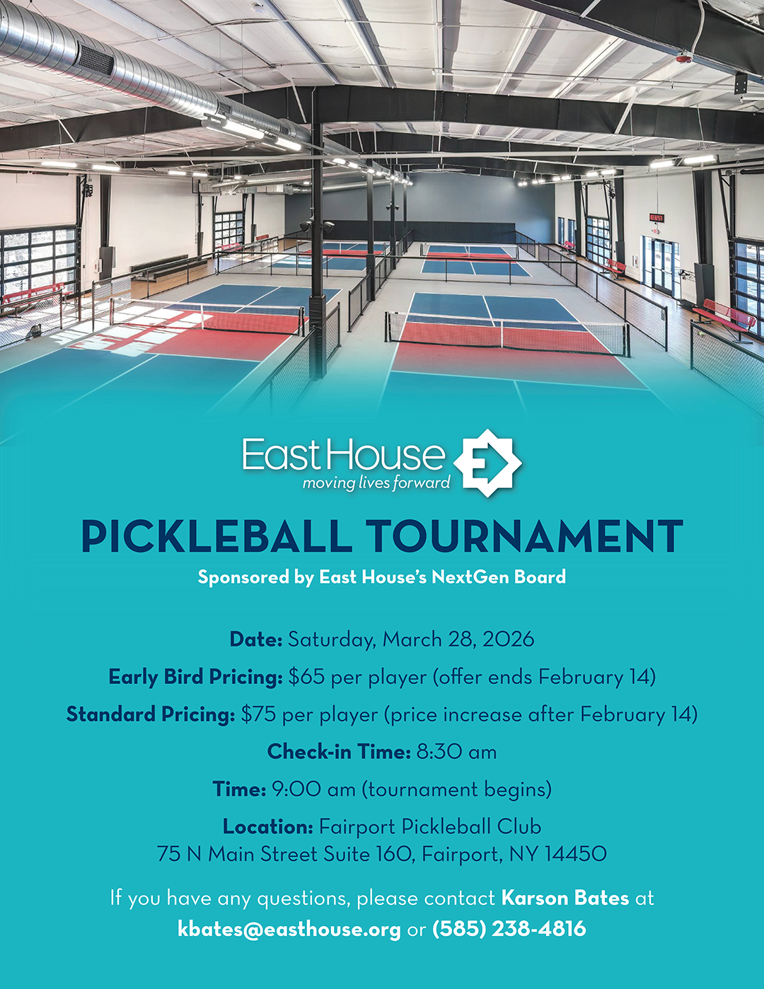 East House announces upcoming Pickleball Tournament; sponsored by their NextGen Board.