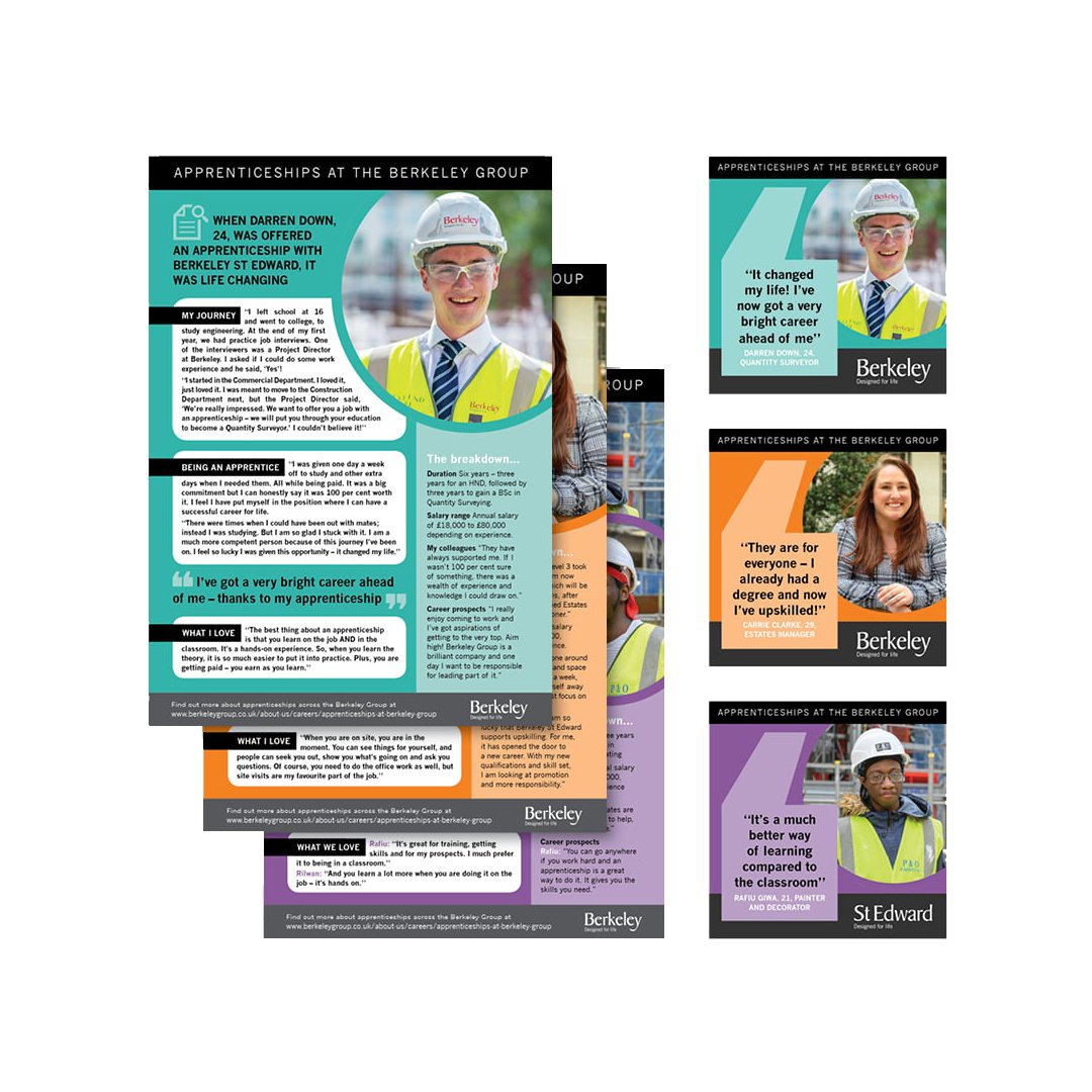 Flyers and corresponding social media promotions for The Berkeley Group's apprenticeship scheme.