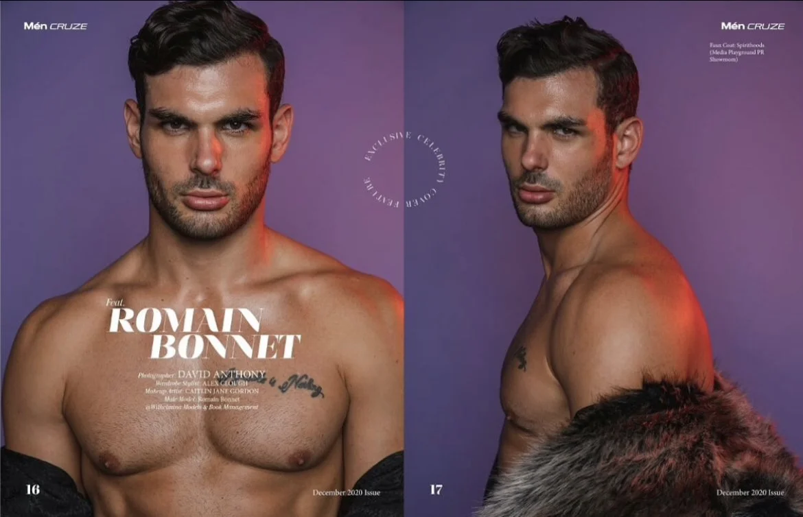 A shirtless male model with short dark hair poses against a purple background in two images. The left image is a front view and the right is a side view. He is wearing a fur coat draped over his shoulders. Text on the left reads, "Romain Bonnet" alon
