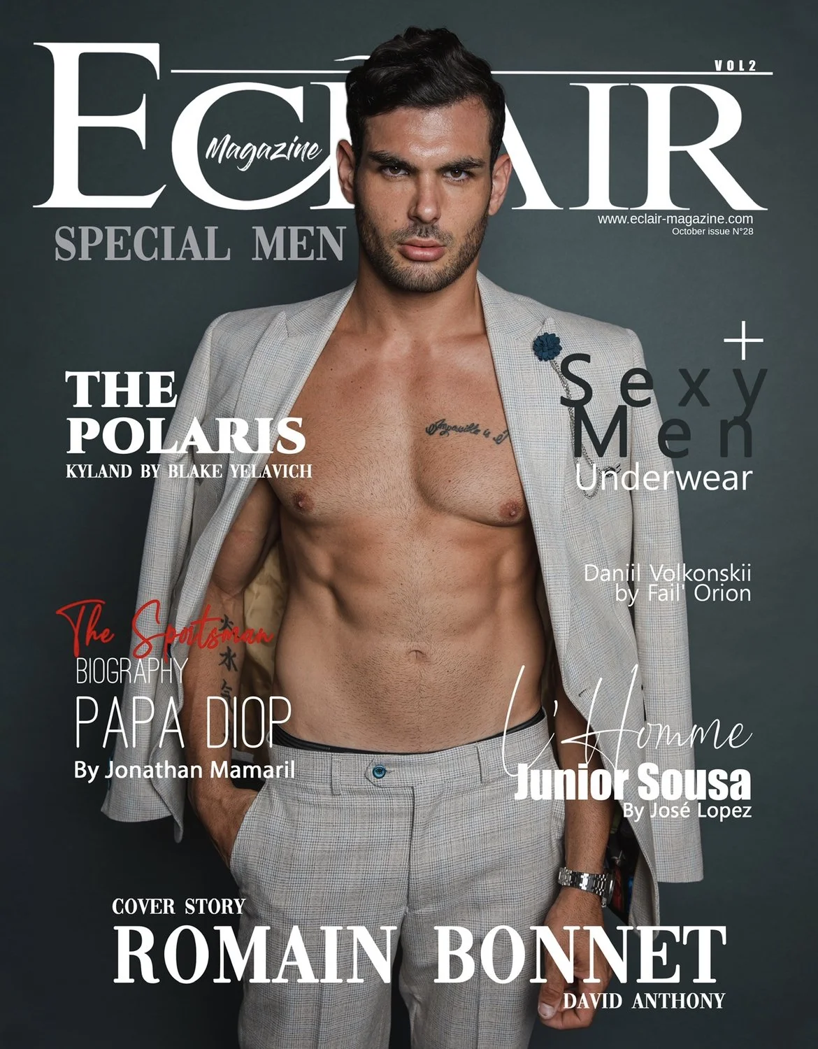 Magazine cover of Eclair featuring a male model in a light suit jacket and pants with exposed chest, displaying cover story headings, including "Romain Bonnet" and other articles about "Sexy Men," "The Polaris," and "The Sportsman."