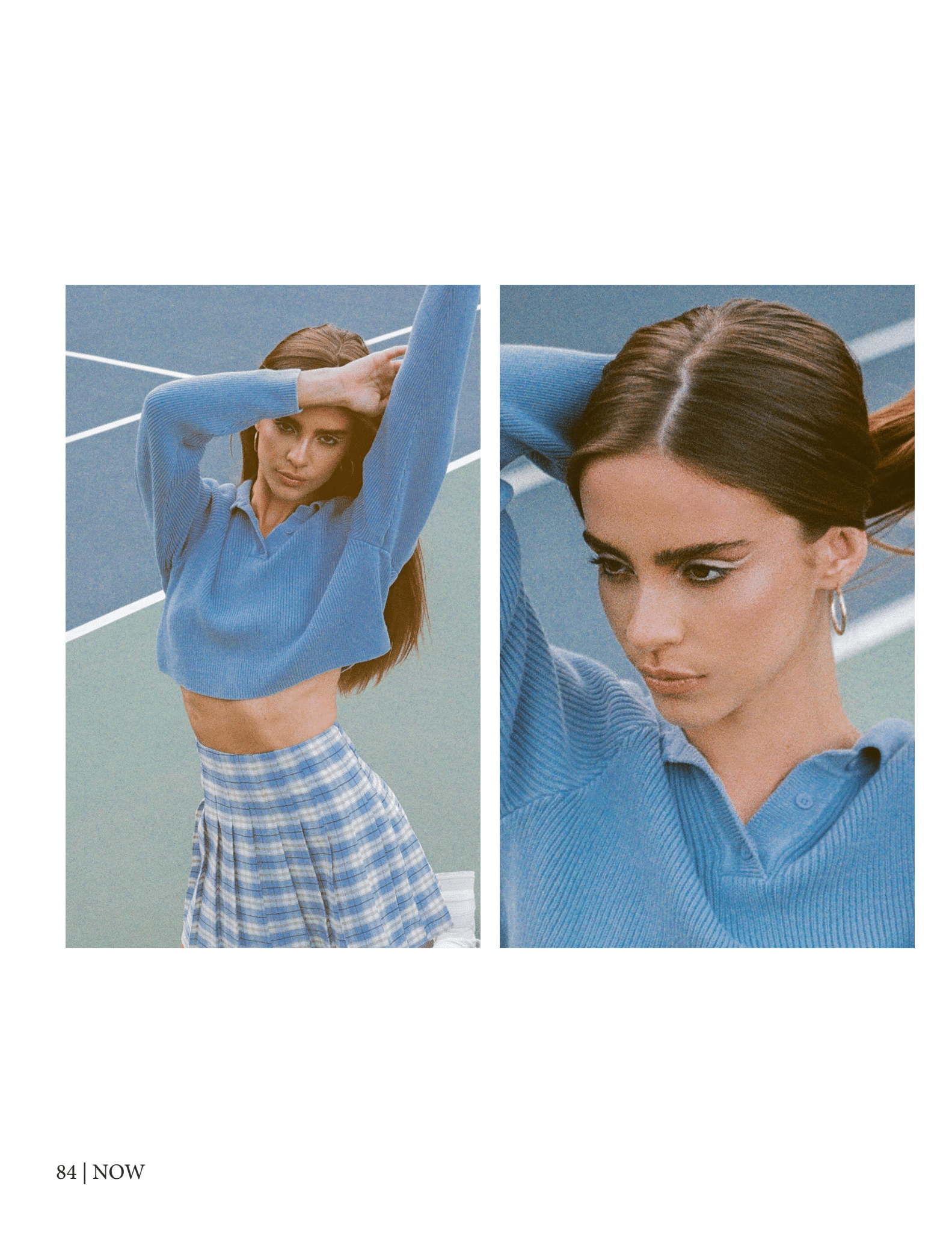 A woman in a blue sweater and plaid skirt poses on a tennis court. She has long brown hair and wears hoop earrings. The setting includes tennis court lines, and she strikes two different poses in the image.