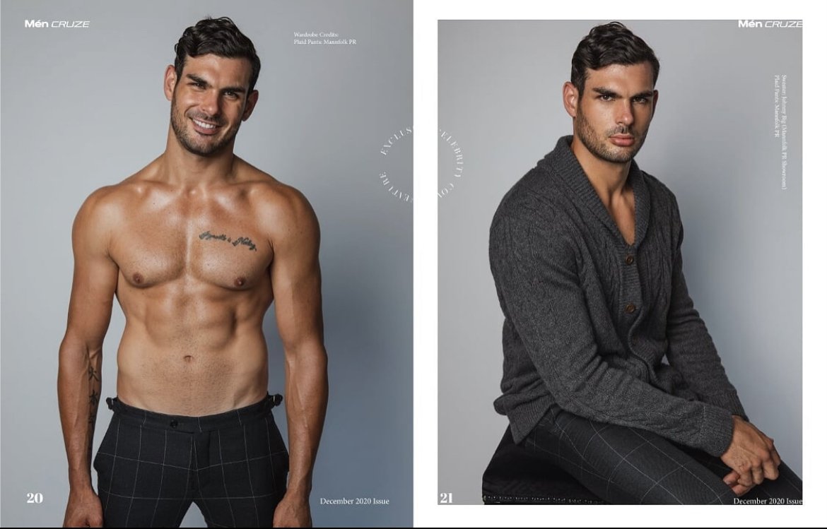 Two men featured in a fashion magazine. The man on the left is shirtless and wearing dark checkered pants, showcasing tattoos on his chest and arm. The man on the right is dressed in a gray cable-knit cardigan and similar checkered pants. Both images