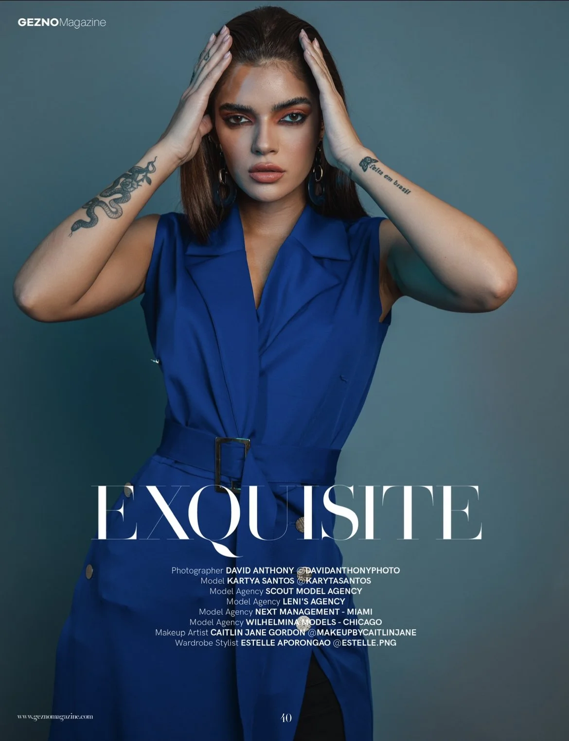 A model in a blue sleeveless outfit poses with hands on her head, featuring tattoos on both arms. The image is styled for Gezno Magazine with the word 'EXQUISITE' and credits to the photographer, model, agencies, makeup artist, and stylist overlayed.