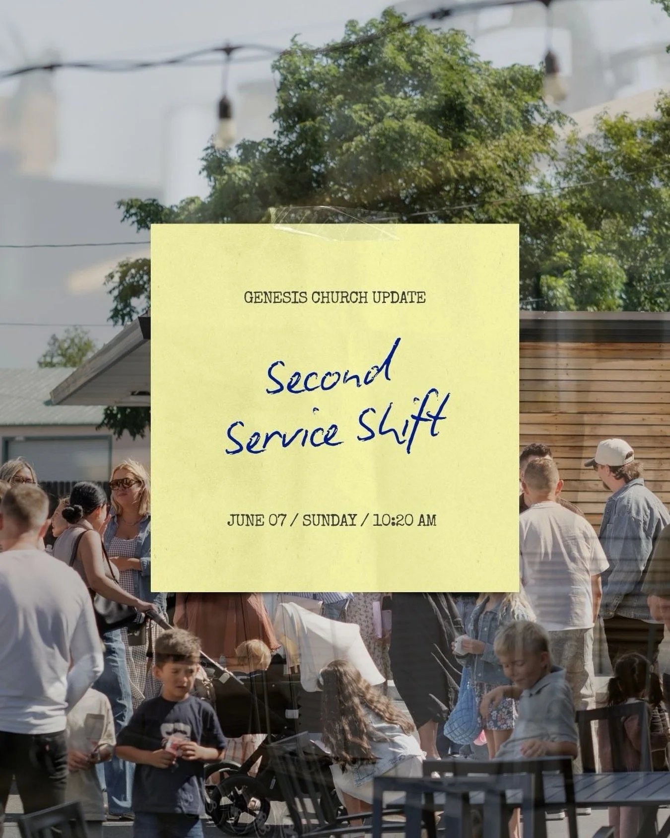 Genesis Church family &mdash; beginning Sunday, 6/7, our second service time will shift from 10:15 AM to 10:20 AM.

We&rsquo;re excited for this small adjustment as we continue making room for people and creating the best Sunday experience possible. 