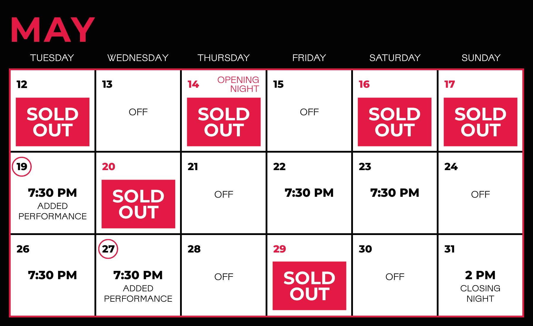 May calendar for Heartbeat Opera's Vanessa with several sold-out dates marked in red, an opening night, added performance, and specific event times scheduled throughout the month.