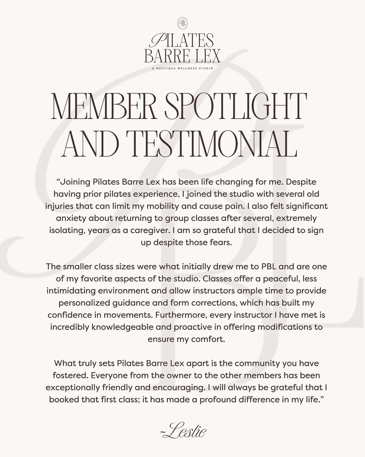 ✨ MAY MEMBER SPOTLIGHT &amp; TESTIMONIAL ✨

Leslie has been part of the PBL community for a few years now and has truly become such a special part of this space. Watching her journey has been incredibly meaningful to me, not just as a studio owner, b
