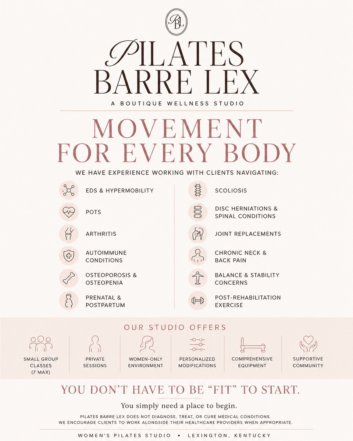 At Pilates Barre Lex, we believe movement should meet you where you are. Whether you&rsquo;re navigating EDS, POTS, arthritis, pregnancy, recovery, or simply looking for a supportive place to begin, we&rsquo;re here for you.

A safe space for wellnes