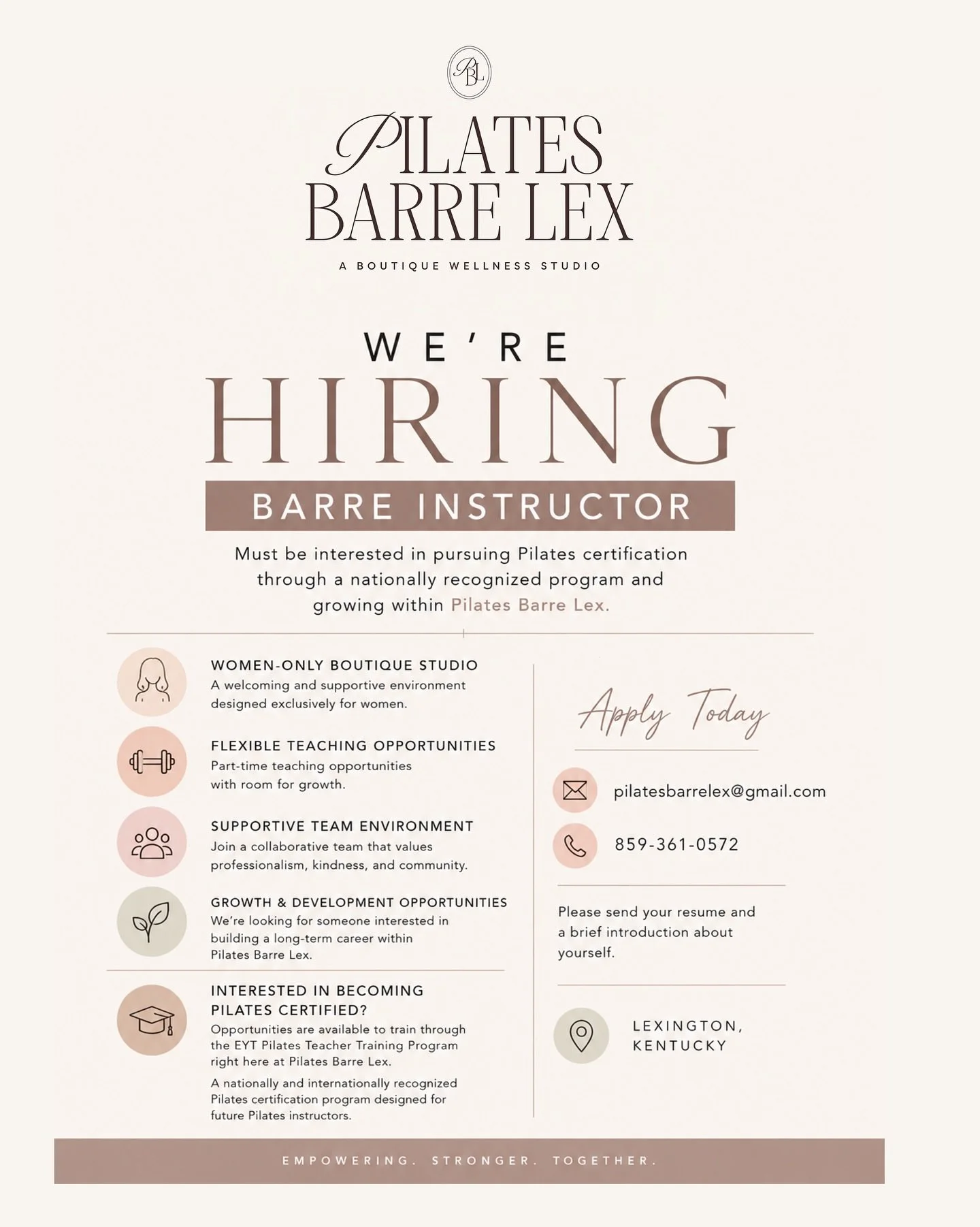 WE&rsquo;RE HIRING | CERTIFIED BARRE INSTRUCTOR POSITION 🤍

Pilates Barre Lex is looking for a Certified Barre Instructor to join our growing team.

We&rsquo;re seeking someone who is passionate about movement, enjoys working with others, and is exc