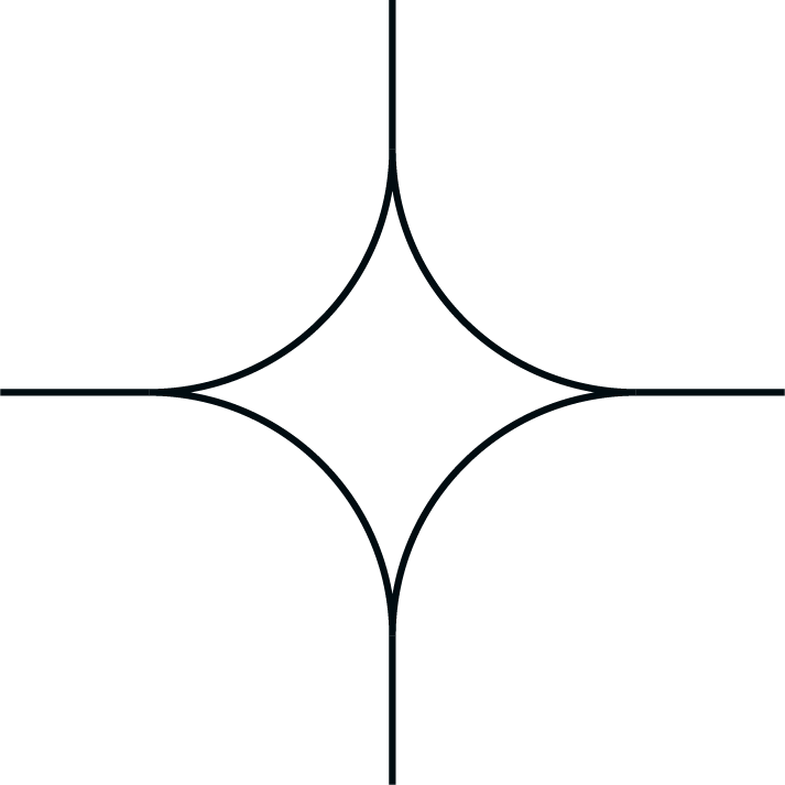 A symmetrical geometric star pattern with four extending points, black background, and thin white outlines.