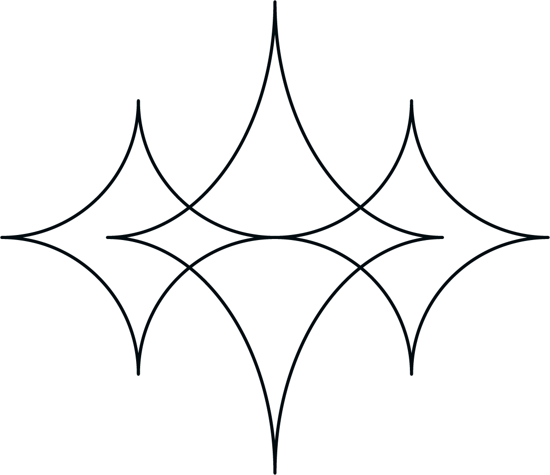 A geometric black line pattern with curved lines forming interconnected diamond shapes on a white background.