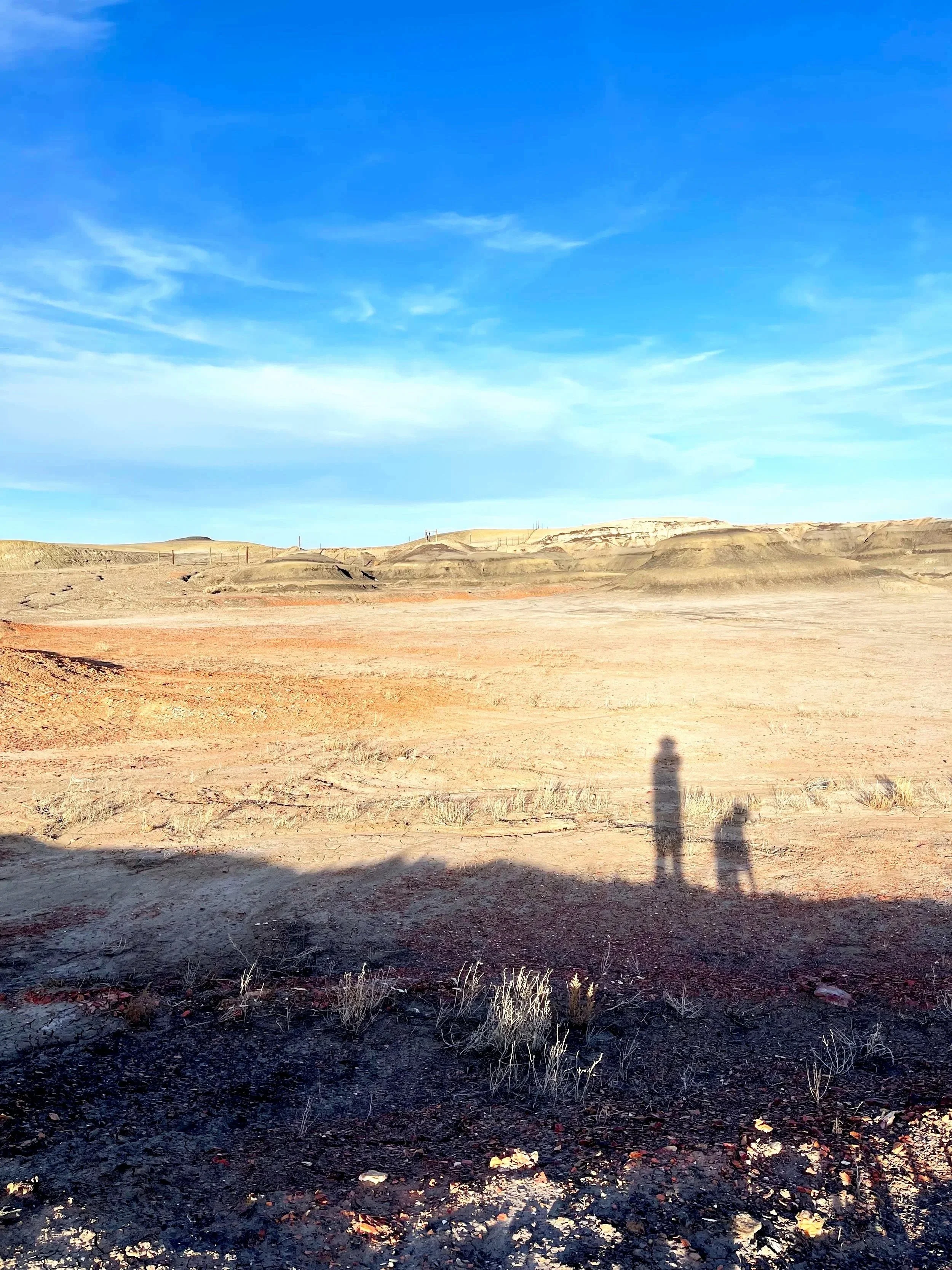 A desert landscape with a clear blue sky, distant hills, and two shadows of people cast on the ground.