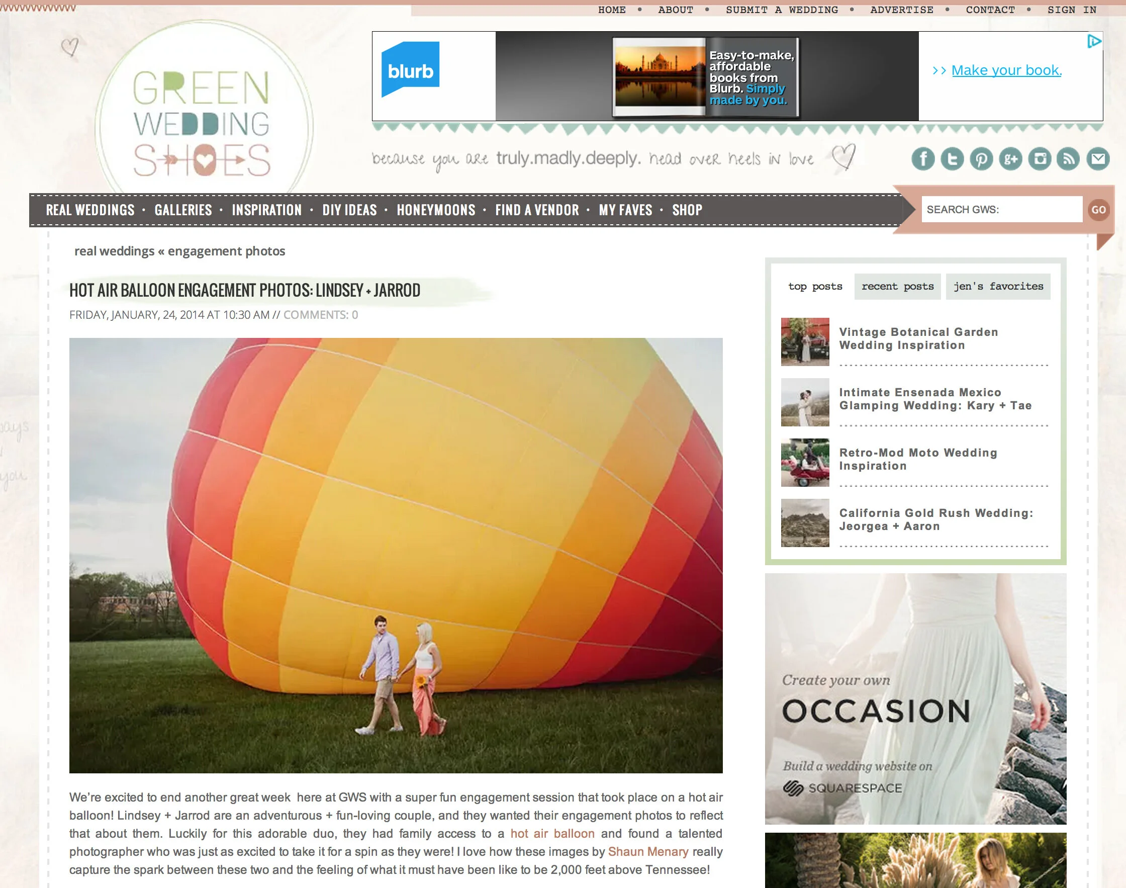 IN THE PRESS: Lindsay & Jarrod's Hot Air Balloon Engagement Session on Green Wedding Shoes