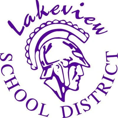 Laker View School District logo featuring a Spartan helmet in purple.