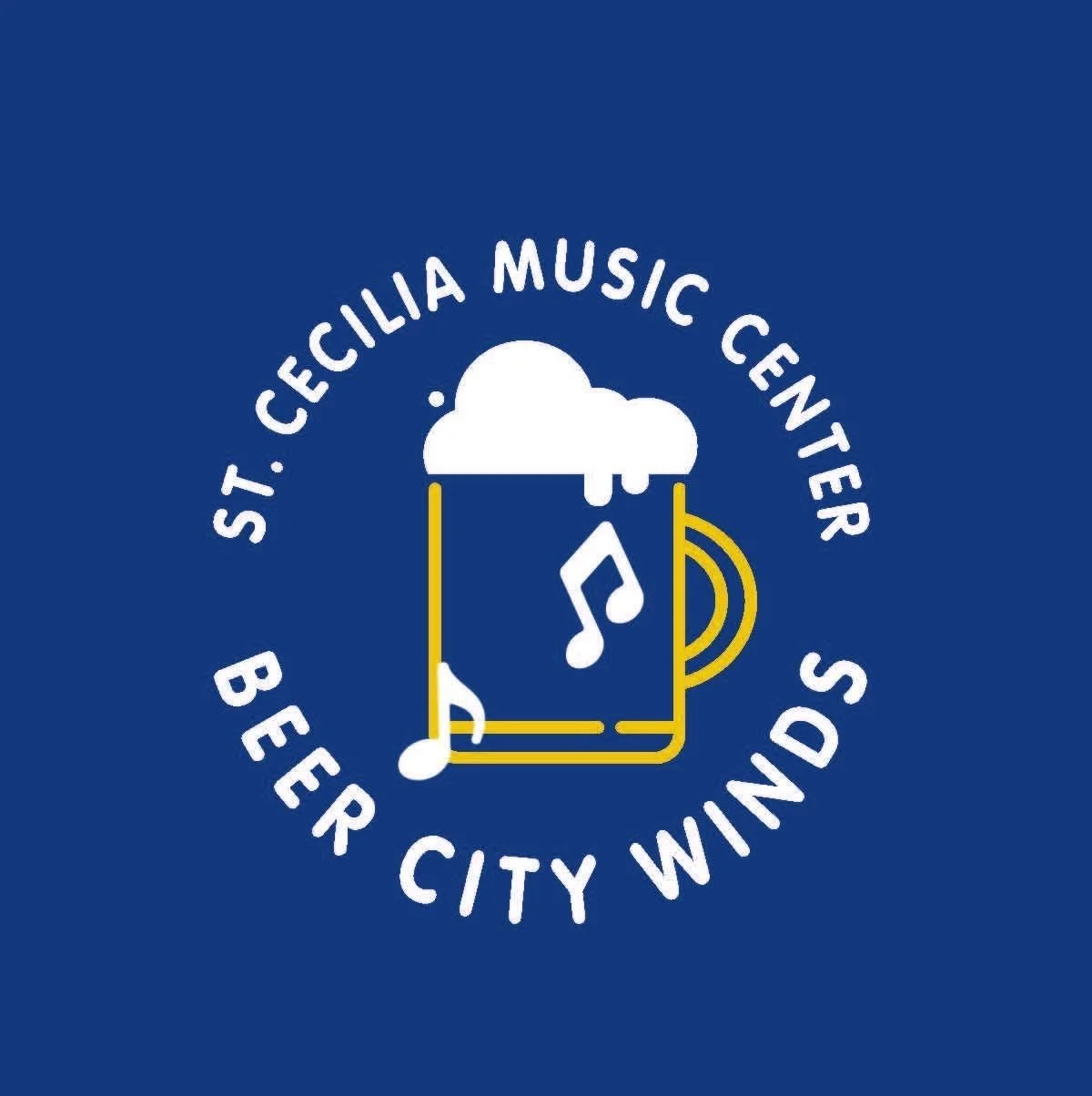 Text graphic with blue background reading 'St. Cecilia Music Center, Beer City Winds' in black and gold lettering.