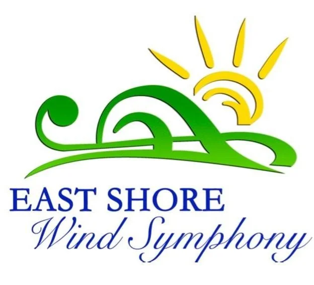 Logo for East Shore Wind Symphony featuring a green landscape, a stylized sun, and blue text.