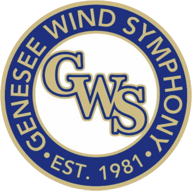 Circular logo with a navy blue and gold border, featuring the text 'Gennessee Wind Symphony EST. 1981' around the edge. The center contains stylized initials 'GWS' in navy blue and gold.