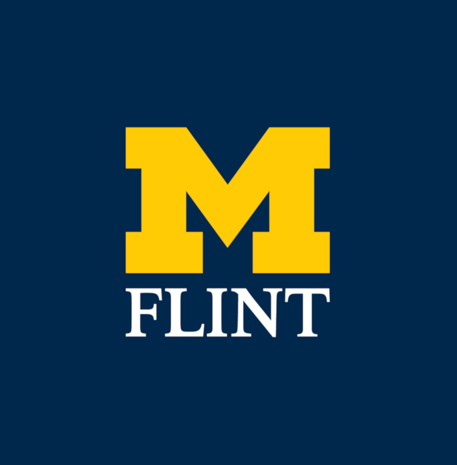 University of Michigan logo with a yellow block M and clark font spelling 'FLINT' below it on a navy blue background.