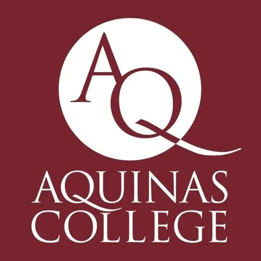 Aquinas College logo featuring a large letter 'A' and 'Q' inside a white circle, with the college name written below on a maroon background.