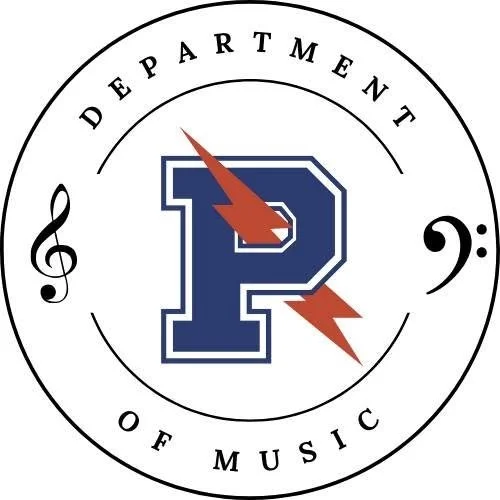 Logo for Powers Catholic High School with the words "BANDS" in large orange and white outlined letters, and a profile of a lion with treble clef and musical note inside its mane, on a dark blue background.