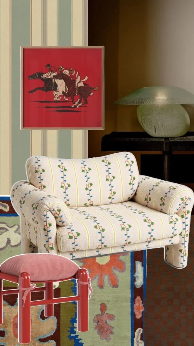 An interior scene featuring a floral-patterned loveseat with rolled arms, a pink circular stool with red legs and a pink ribbon tied around one leg, a multicolored patterned rug, a framed artwork of a jockey riding a horse on a red background, a green textured table lamp with a rounded base, and striped wallpaper in pastel colors.