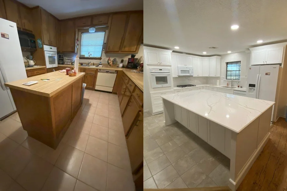 College Station LIG Kitchen Remodel Cararra quartz countertops, white tall cabinets, quartz backsplash_Before and After 1.jpg