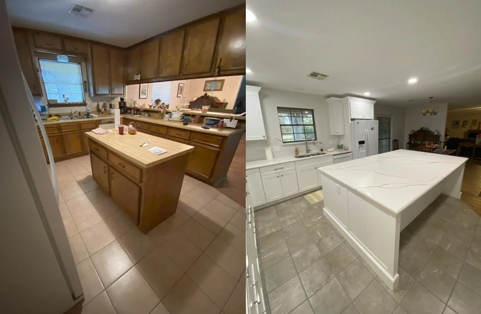 College Station LIG Kitchen Remodel Cararra quartz countertops, white tall cabinets, quartz backsplash_Before and After 2.jpg