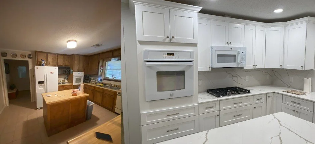 College Station LIG Kitchen Remodel Cararra quartz countertops, white tall cabinets, quartz backsplash_Before and After 3.jpg