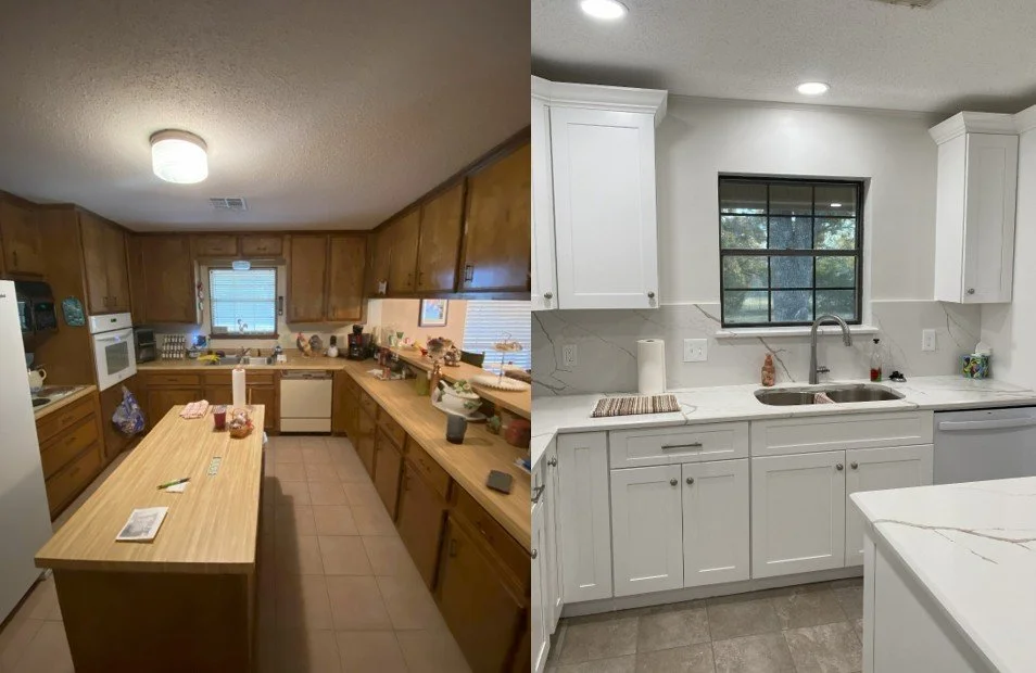 College Station LIG Kitchen Remodel Cararra quartz countertops, white tall cabinets, quartz backsplash_Before and After 4.jpg