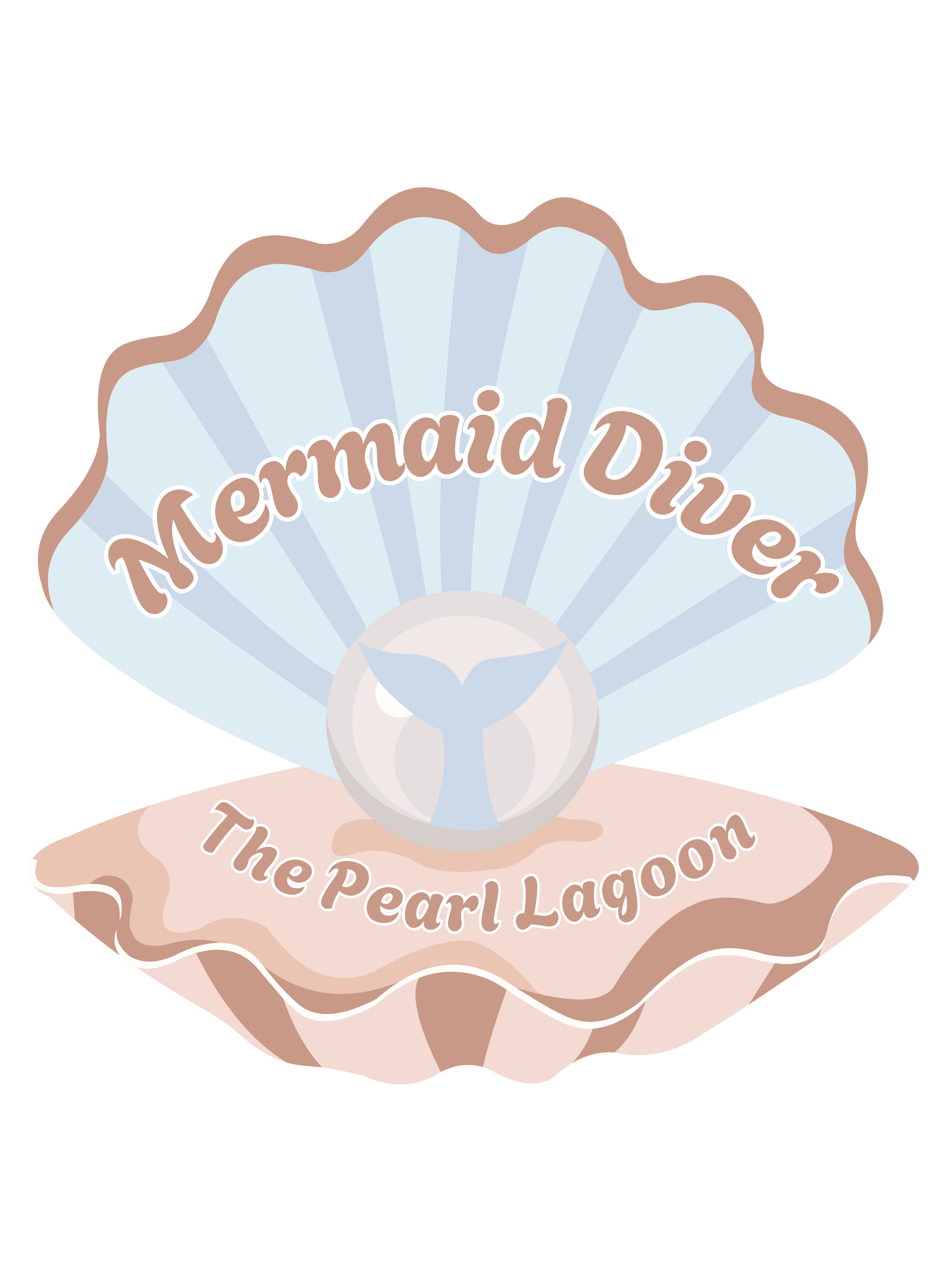 Logo for Mermaid Diver at The Pearl Lagoon featuring a seashell with a mermaid tail inside and text in a soft pastel color scheme.