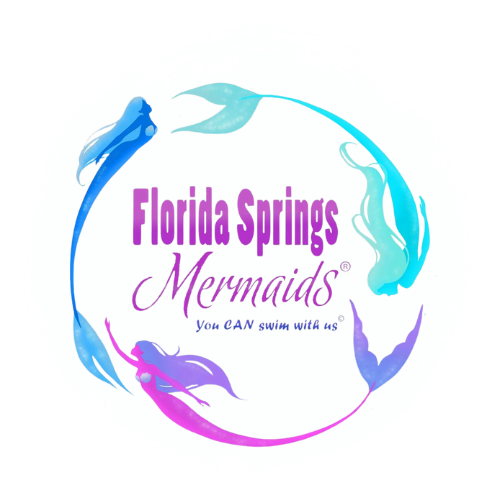 Logo for Florida Springs Mermaids with illustrations of mermaids surrounding the text 'Florida Springs Mermaids' and the slogan 'You CAN swim with us'.