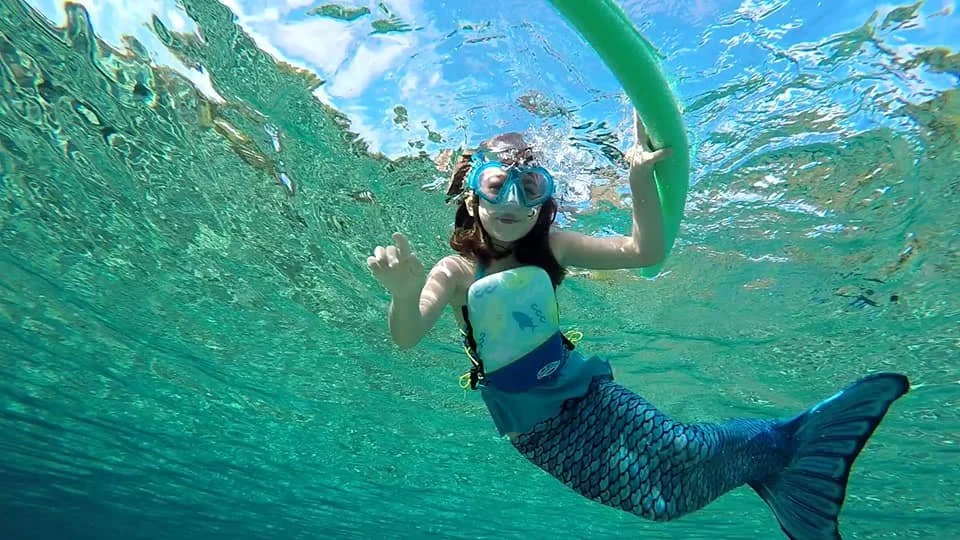 A person dressed as a mermaid, swimming underwater with a snorkel mask and fin, holding a green pool noodle.