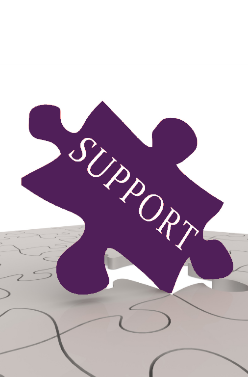 Photo of a puzzle that has a purple piece position upwards towards that reads "support"