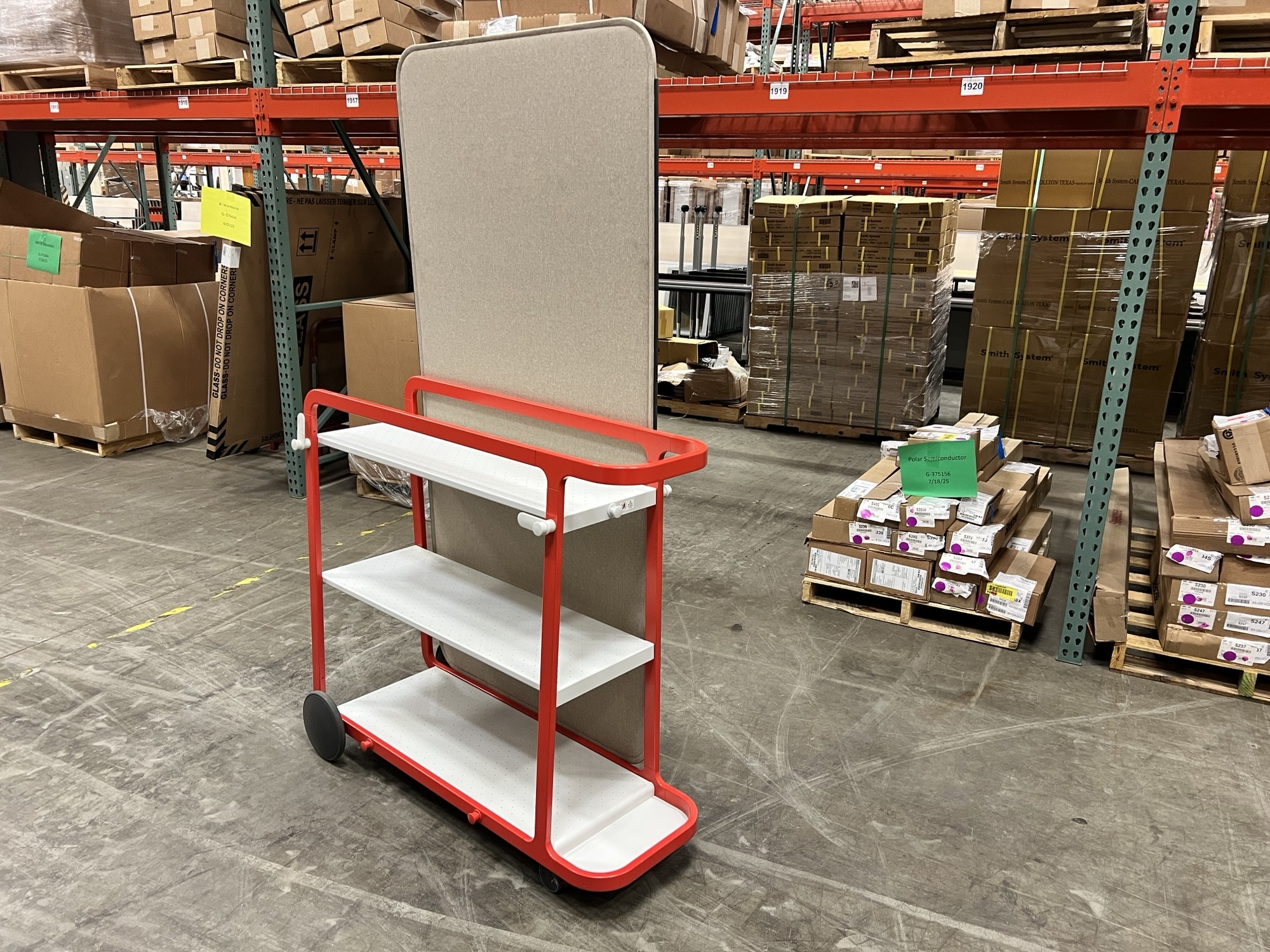 Steelcase - Flex Mobile Cart and 1 Tackboard 46"W x 13.5"D x 41"H
 Bright red frame, White shelves, Beige tackboard
 Qty. 1 I $250