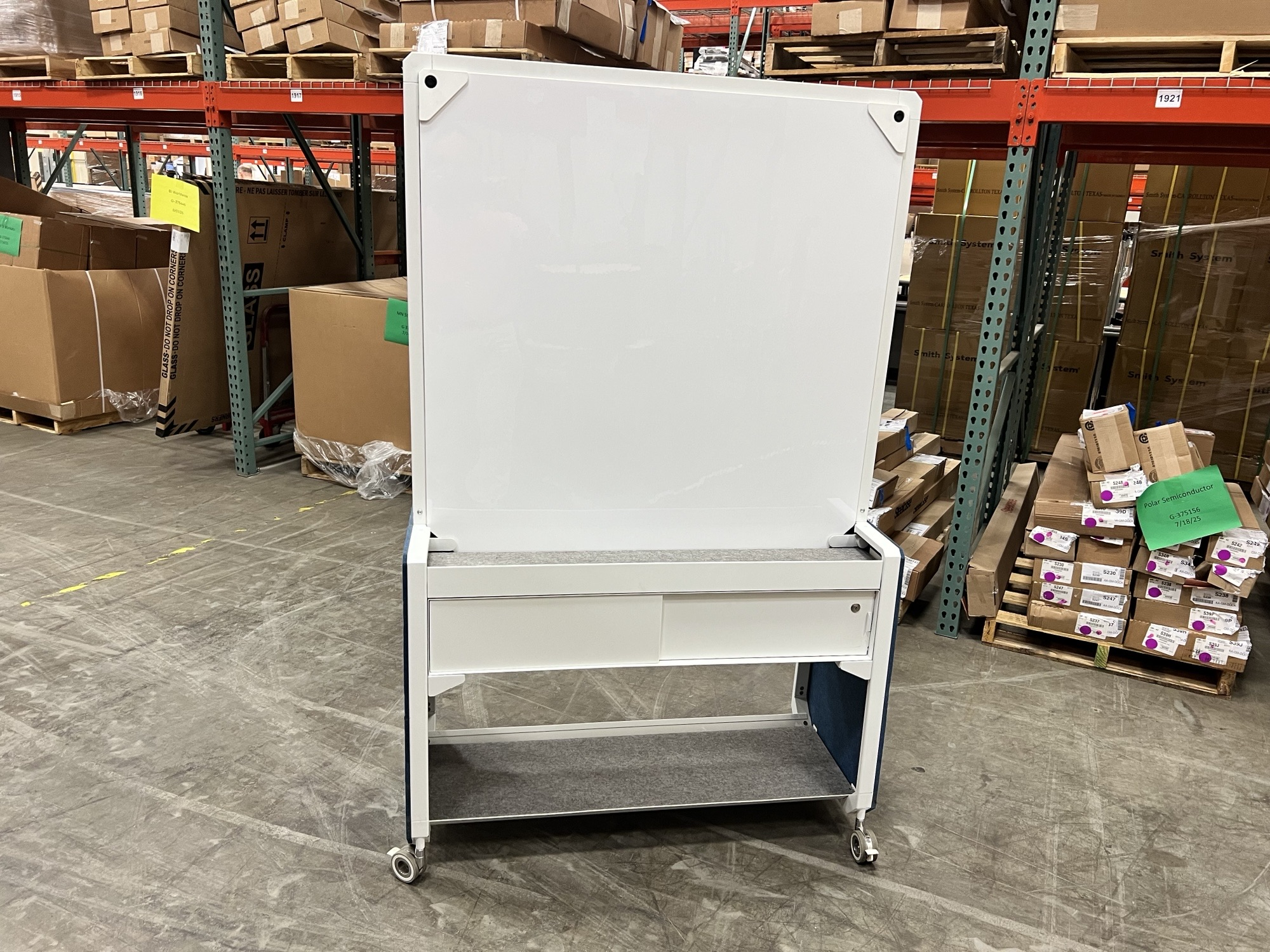 AMQ - Amobi Mobile Storage, Whiteboard, and Tackboard 45"W x 18.5"D x 72"H
 White base with blue sides, Grey tackboard
 Qty. 1 I $250