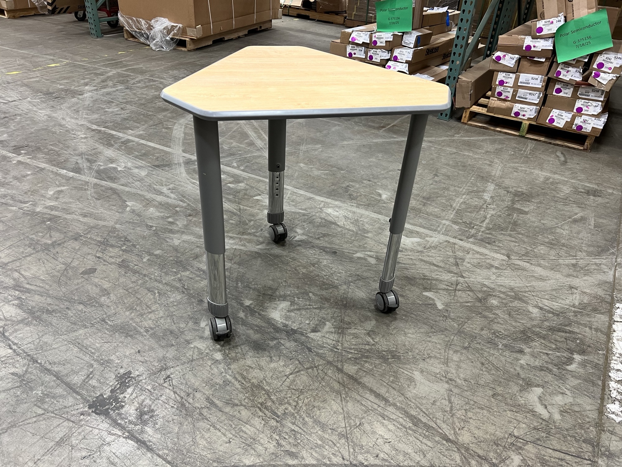 Smith Sytem - Mini Diamond Table 27"D x 30.5"W x 22"-34"H Maple laminate, Grey edgeband, Grey legs, Casters Qty: 3 | $100 Each