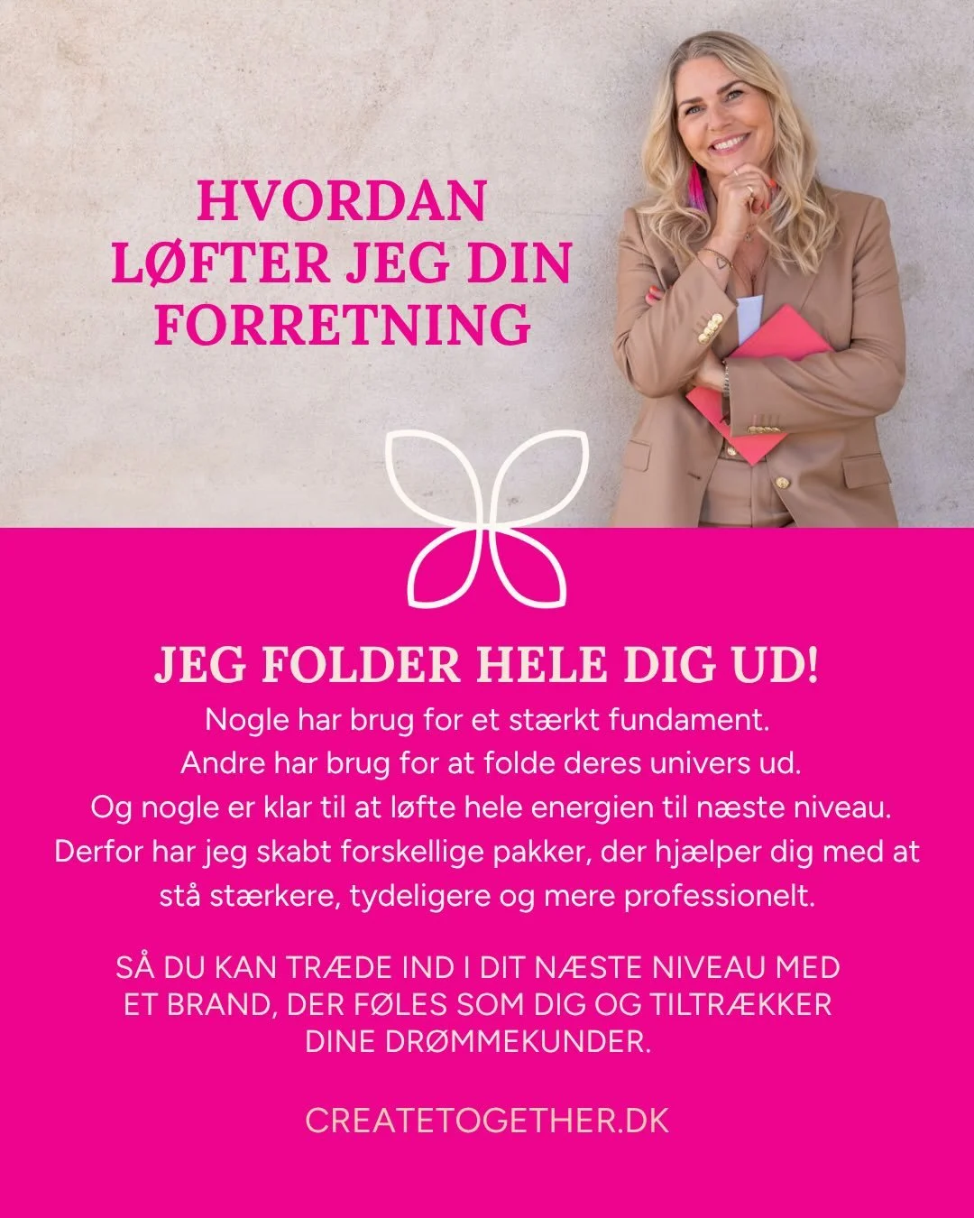 Min mission er at hj&aelig;lpe dig med at folde hele dig ud 🦋

S&aring; du kan st&aring; 100% autentisk frem, tiltr&aelig;kke de kunder og muligheder du dr&oslash;mmer om, og skabe en forretning, der f&oslash;les lige s&aring; sand indeni, som den s