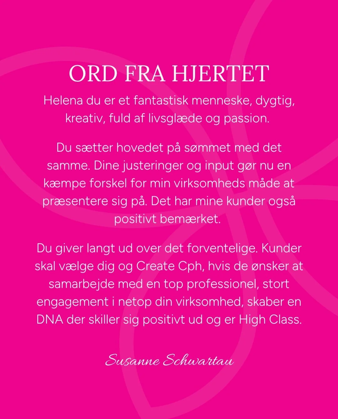 Jeg elsker at samskabe. Det er hele essensen i Create Together 🙏🏻🩷

Mine kunder er aldrig &ldquo;bare kunder&rdquo;. De er mennesker og virksomheder, jeg f&aring;r lov til at komme t&aelig;t p&aring;, m&aelig;rke ind i og skabe noget helt s&aelig;