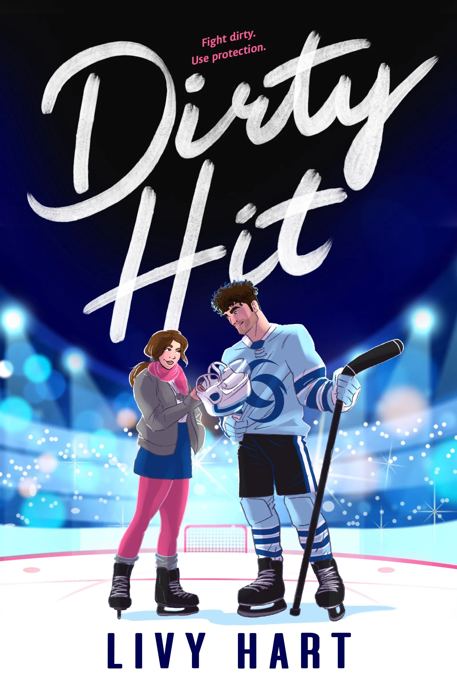 Book cover with a female coach and a male player standing on a hockey rink. Both have brown hair and wear ice skates. He's in his full hockey kit. She's wearing a coaching whistle.