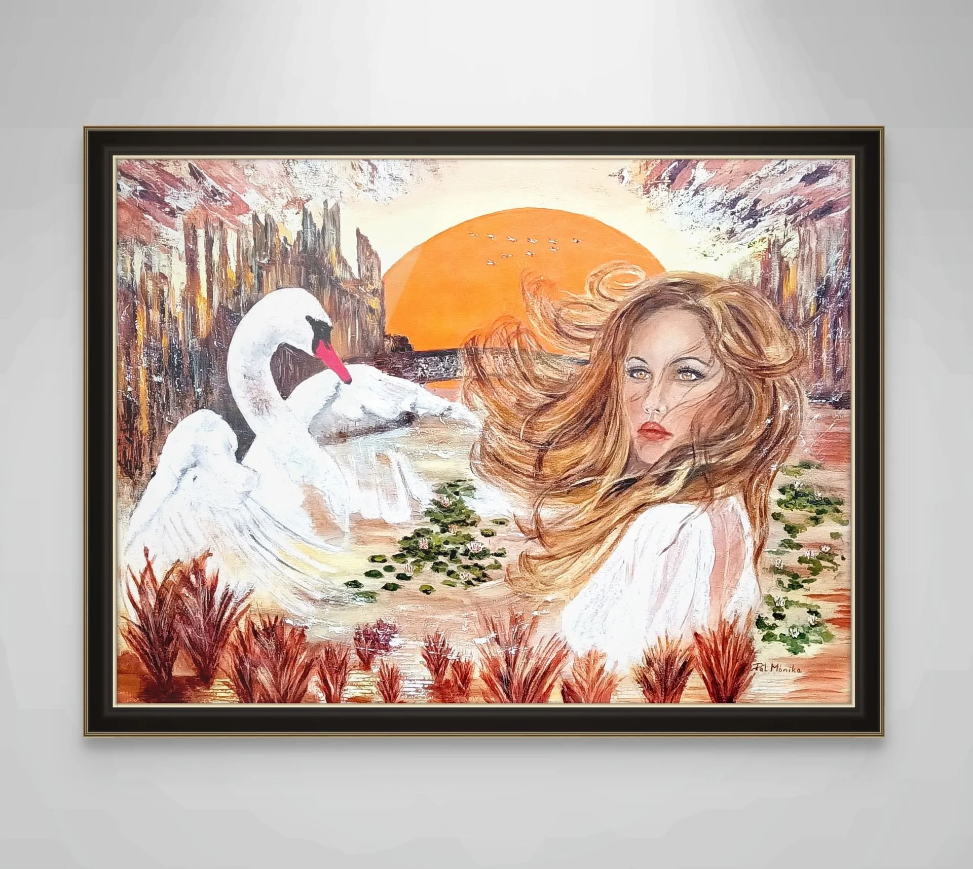 Oil painting of a woman and a swan in a dreamlike landscape  — symbolic and emotionally evocative.