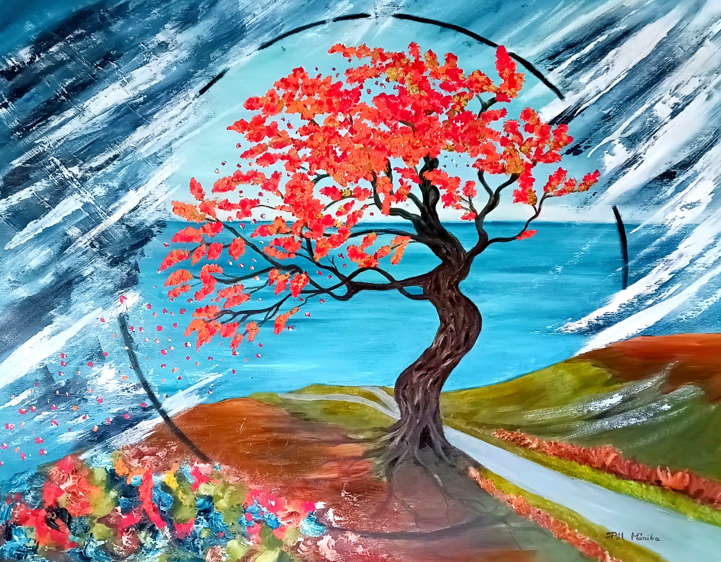 Painting of a wind‑bent tree with red‑orange leaves inside a symbolic circle, titled “The Strength of Silence,” expressing inner calm and resilience.