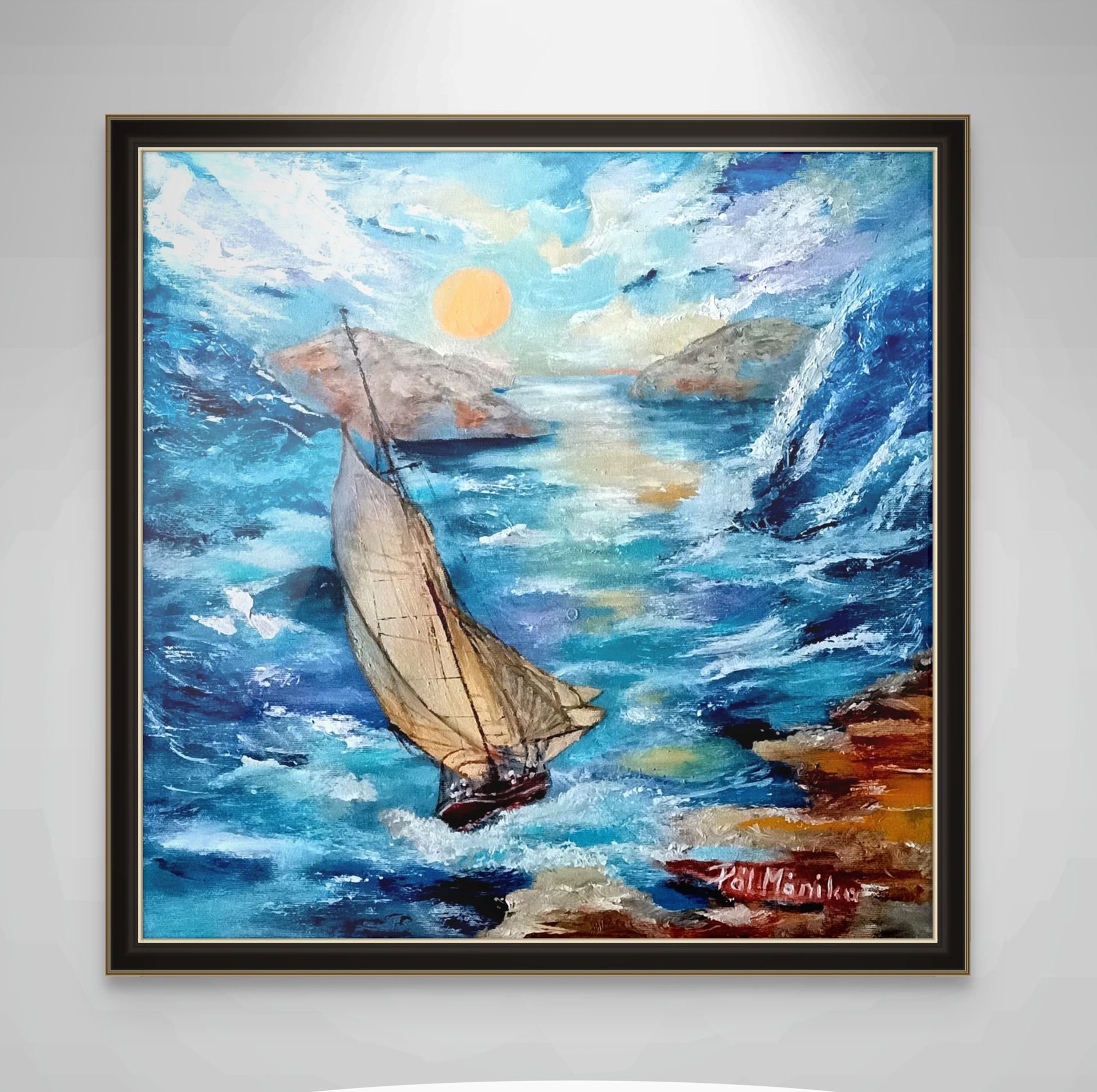 Oil painting of an adventurous sailboat navigating dynamic seas with dramatic cliffs and radiant sky, by artist Mónika Katalin Pál.